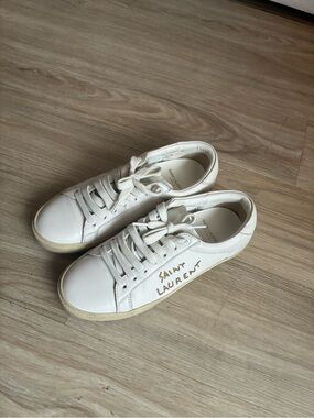 Saint Laurent Off-White Leather Low-Top Sneakers with Gold Insole Logo